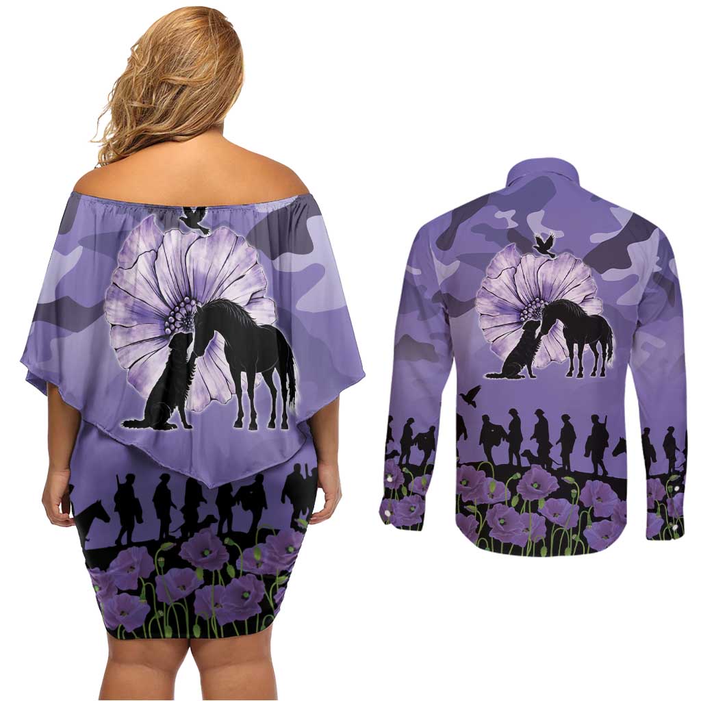 ANZAC Day Couples Matching Off Shoulder Short Dress and Long Sleeve Button Shirt Lest We Forget the Animals Too LT19 - Polynesian Pride