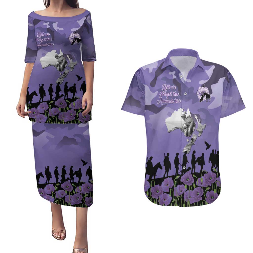 ANZAC Day Couples Matching Puletasi and Hawaiian Shirt Lest We Forget the Animals Too LT19 Purple - Polynesian Pride