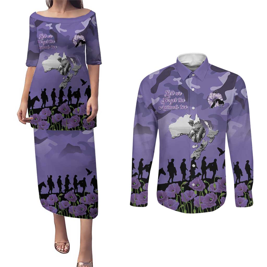 ANZAC Day Couples Matching Puletasi and Long Sleeve Button Shirt Lest We Forget the Animals Too LT19 Purple - Polynesian Pride