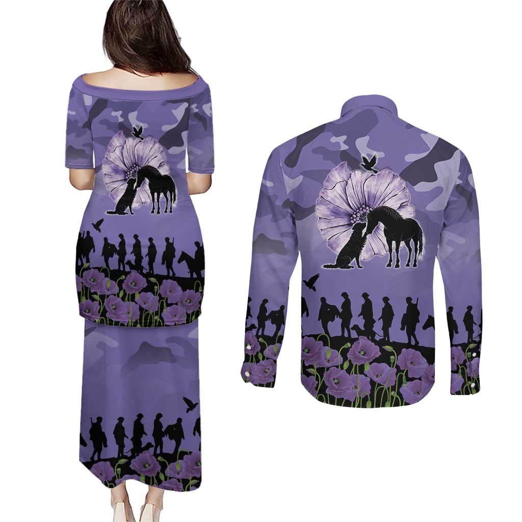 ANZAC Day Couples Matching Puletasi and Long Sleeve Button Shirt Lest We Forget the Animals Too LT19 - Polynesian Pride