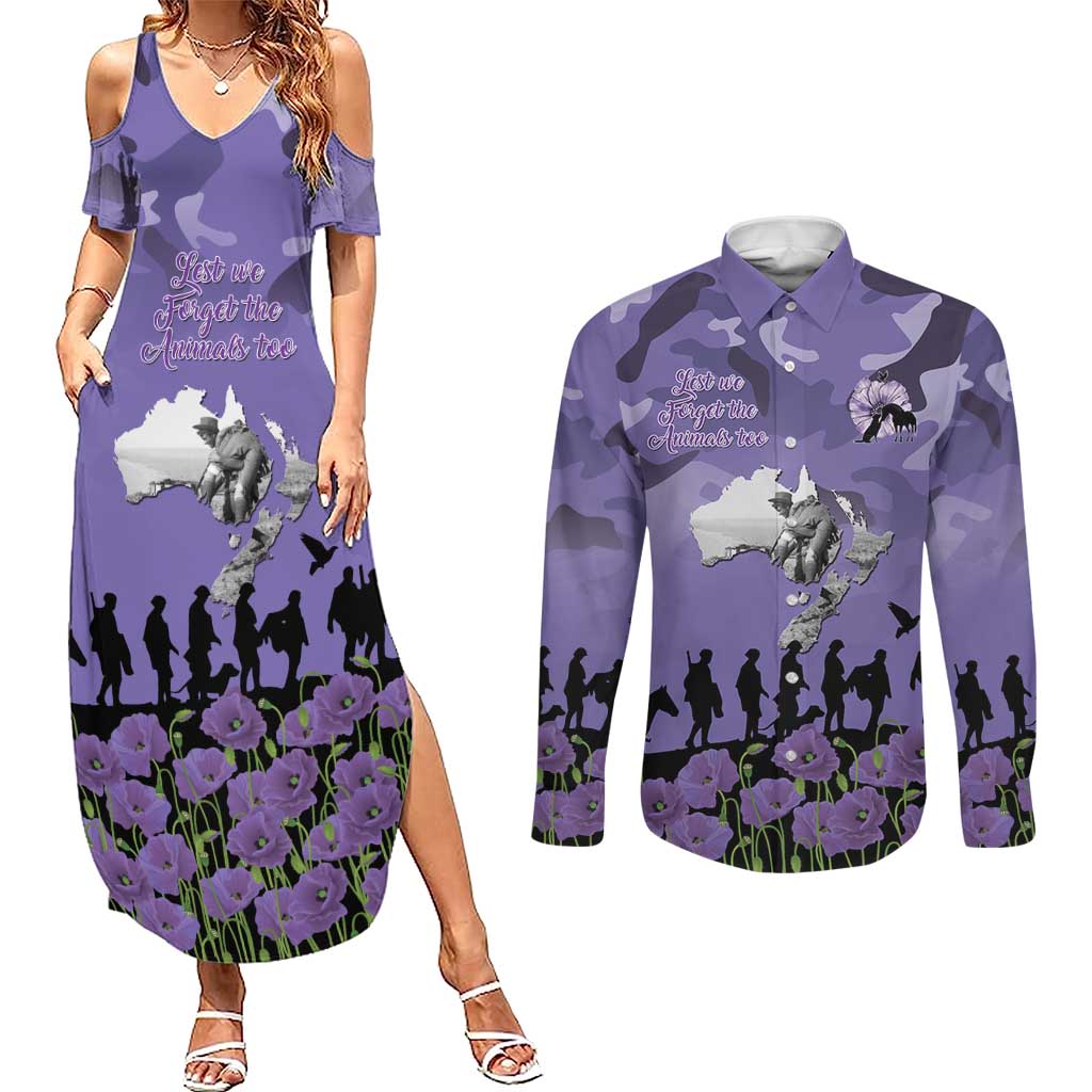 ANZAC Day Couples Matching Summer Maxi Dress and Long Sleeve Button Shirt Lest We Forget the Animals Too LT19 Purple - Polynesian Pride