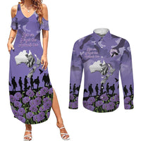 ANZAC Day Couples Matching Summer Maxi Dress and Long Sleeve Button Shirt Lest We Forget the Animals Too LT19 Purple - Polynesian Pride
