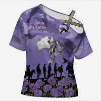 ANZAC Day Cross Shoulder Shirt Lest We Forget the Animals Too LT19 Female Purple - Polynesian Pride