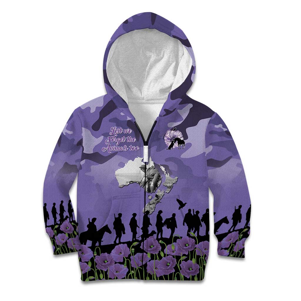 ANZAC Day Kid Hoodie Lest We Forget the Animals Too LT19 Zip Hoodie Purple - Polynesian Pride