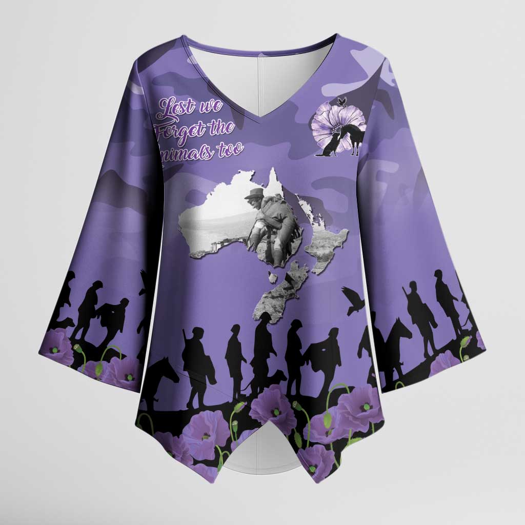 ANZAC Day Kimono Sleeve Blouse Lest We Forget the Animals Too LT19 Female Purple - Polynesian Pride