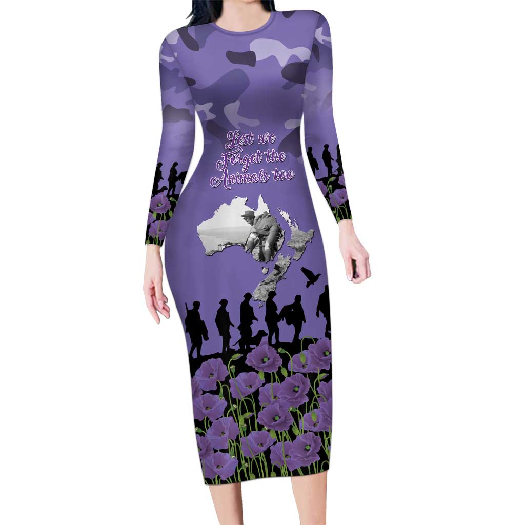 ANZAC Day Long Sleeve Bodycon Dress Lest We Forget the Animals Too LT19 Long Dress Purple - Polynesian Pride