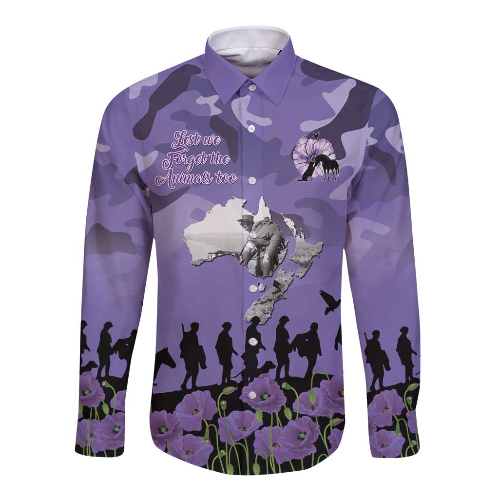 ANZAC Day Long Sleeve Button Shirt Lest We Forget the Animals Too LT19 Unisex Purple - Polynesian Pride
