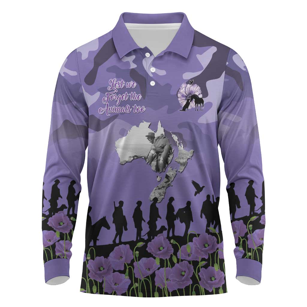 ANZAC Day Long Sleeve Polo Shirt Lest We Forget the Animals Too LT19 Purple - Polynesian Pride