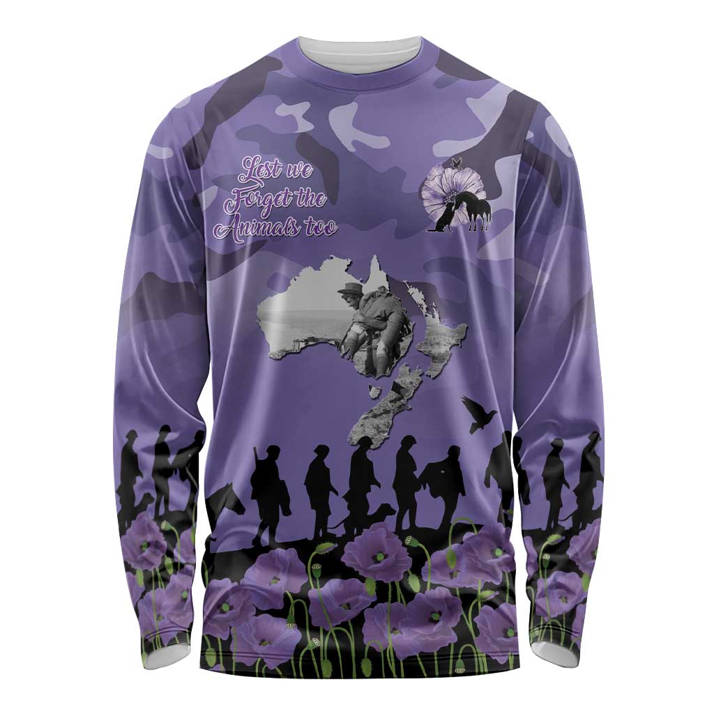 ANZAC Day Long Sleeve Shirt Lest We Forget the Animals Too LT19 Unisex Purple - Polynesian Pride