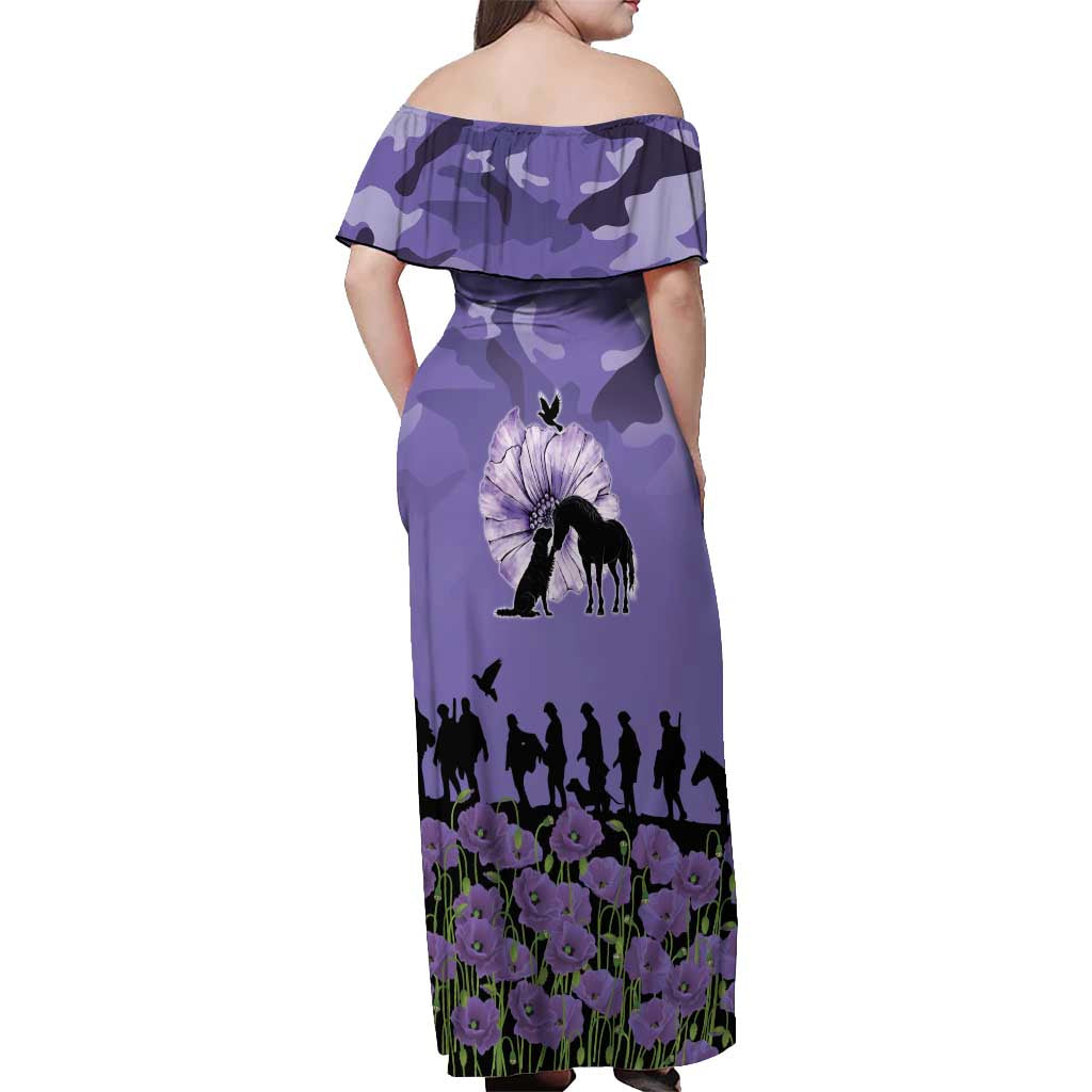 ANZAC Day Off Shoulder Maxi Dress Lest We Forget the Animals Too LT19 - Polynesian Pride