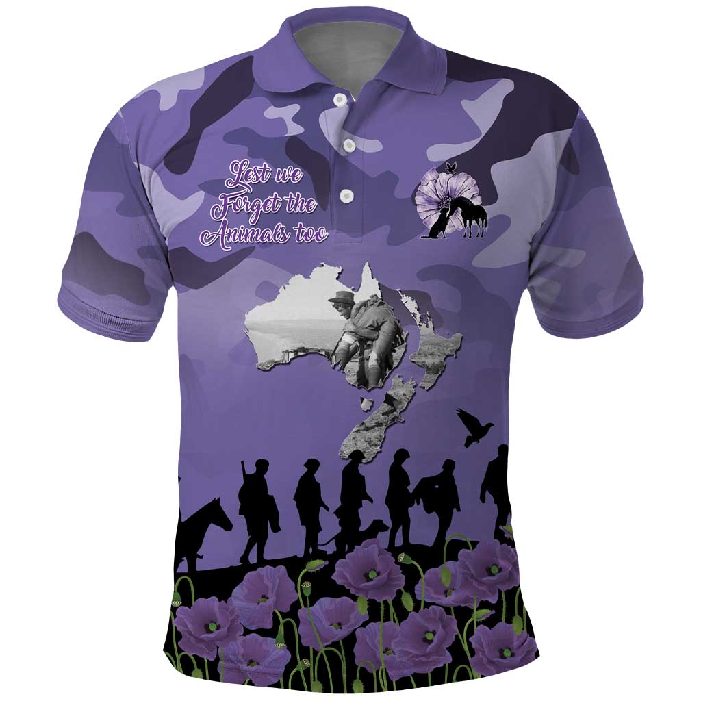 ANZAC Day Polo Shirt Lest We Forget the Animals Too LT19 Purple - Polynesian Pride