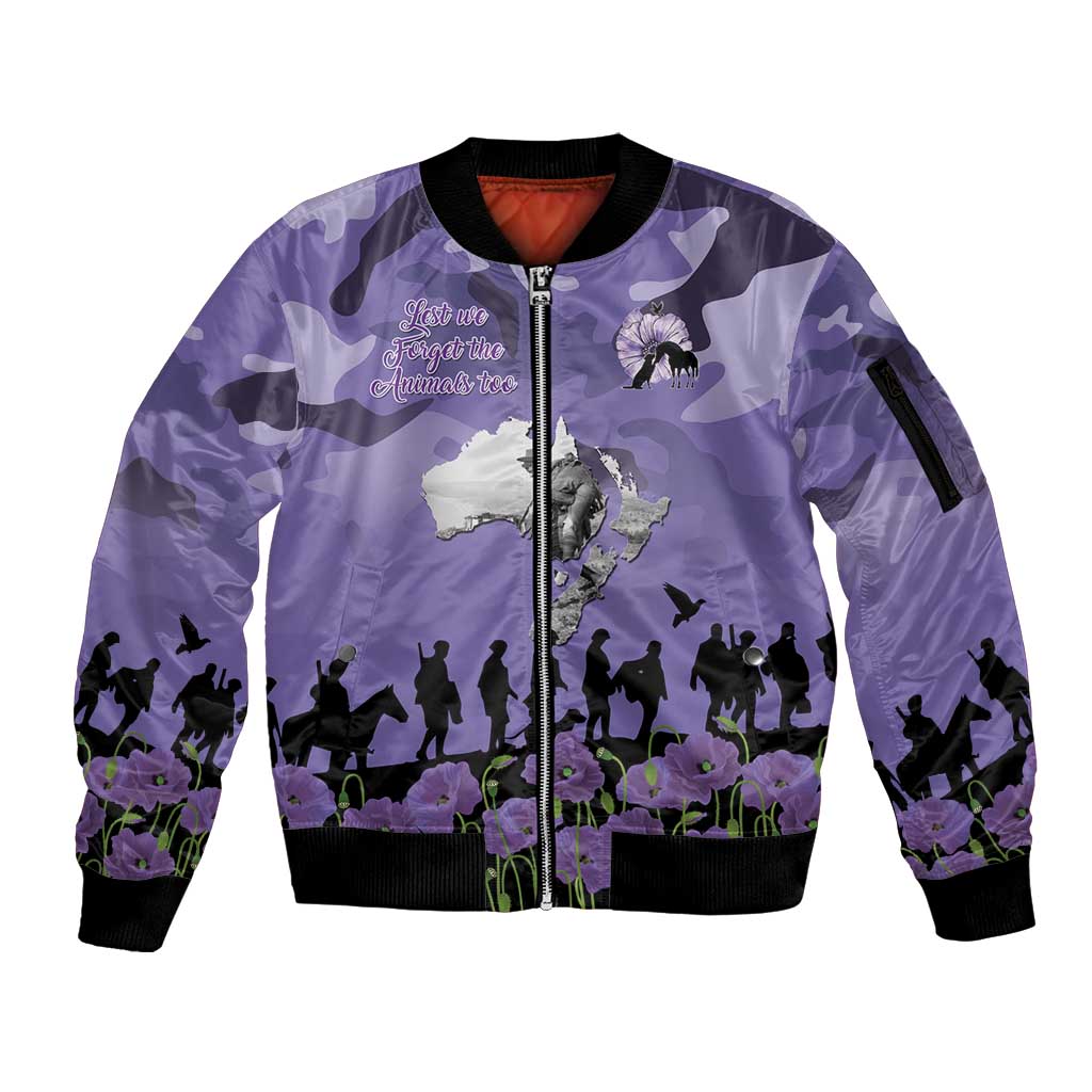 ANZAC Day Sleeve Zip Bomber Jacket Lest We Forget the Animals Too LT19 Unisex Purple - Polynesian Pride