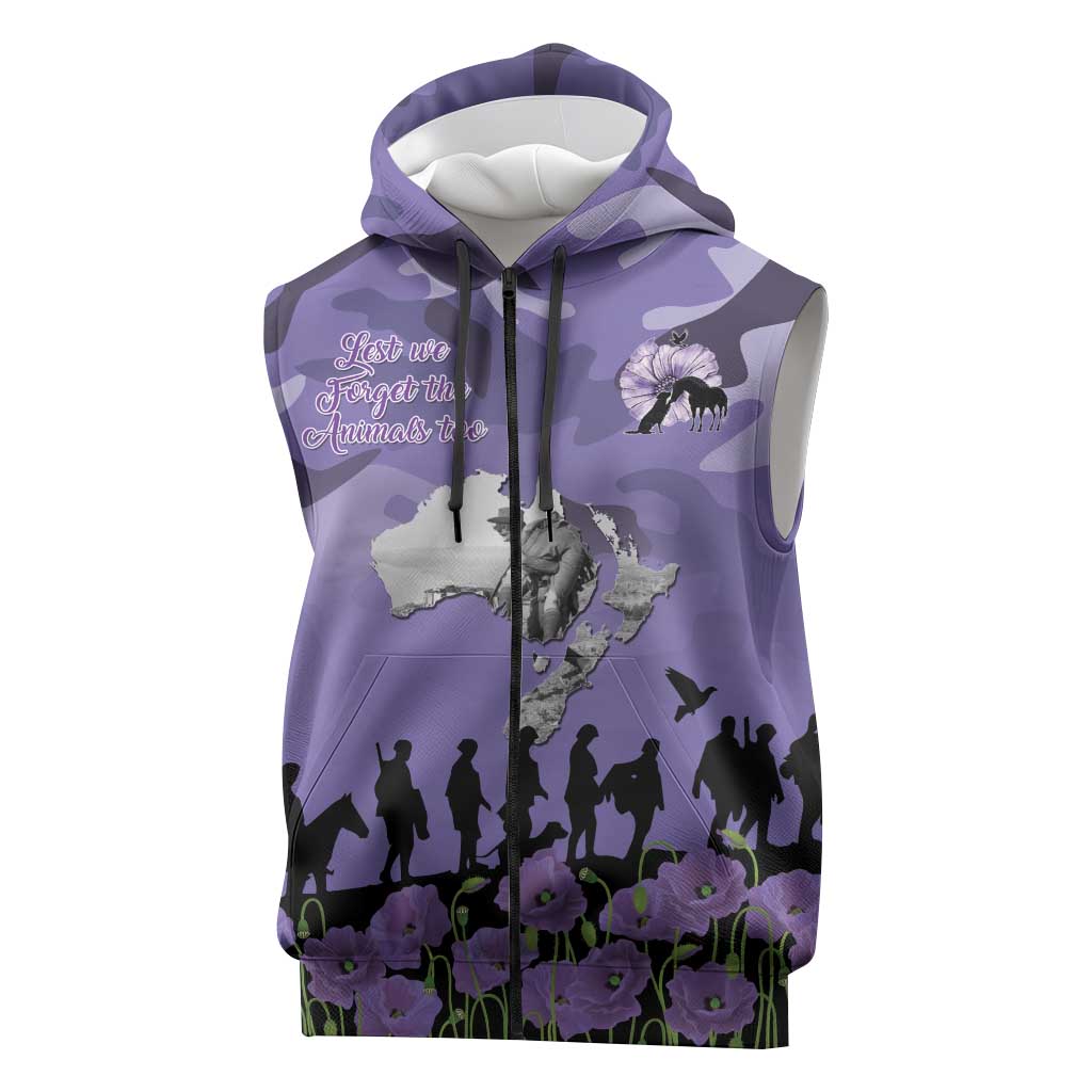 ANZAC Day Sleeveless Zip Hoodie Lest We Forget the Animals Too LT19 Purple - Polynesian Pride