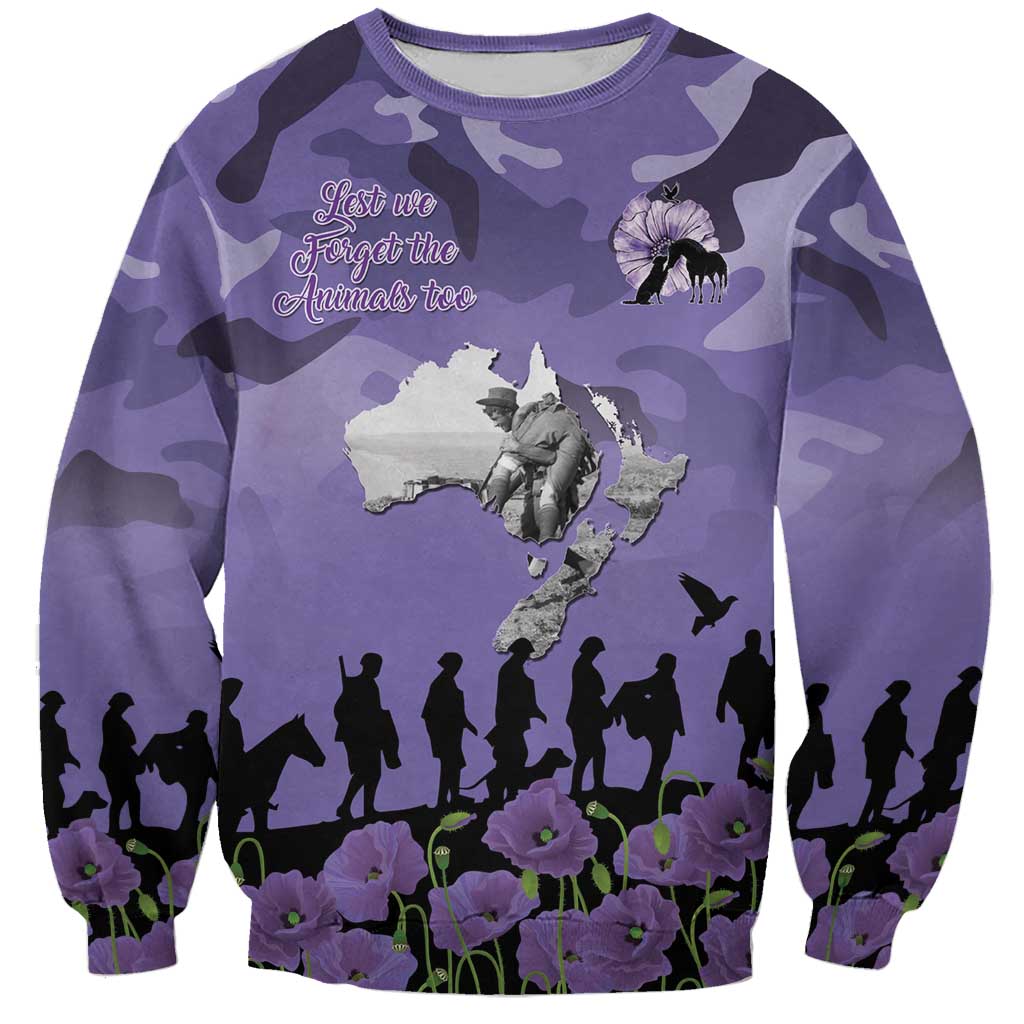 ANZAC Day Sweatshirt Lest We Forget the Animals Too LT19 Unisex Purple - Polynesian Pride