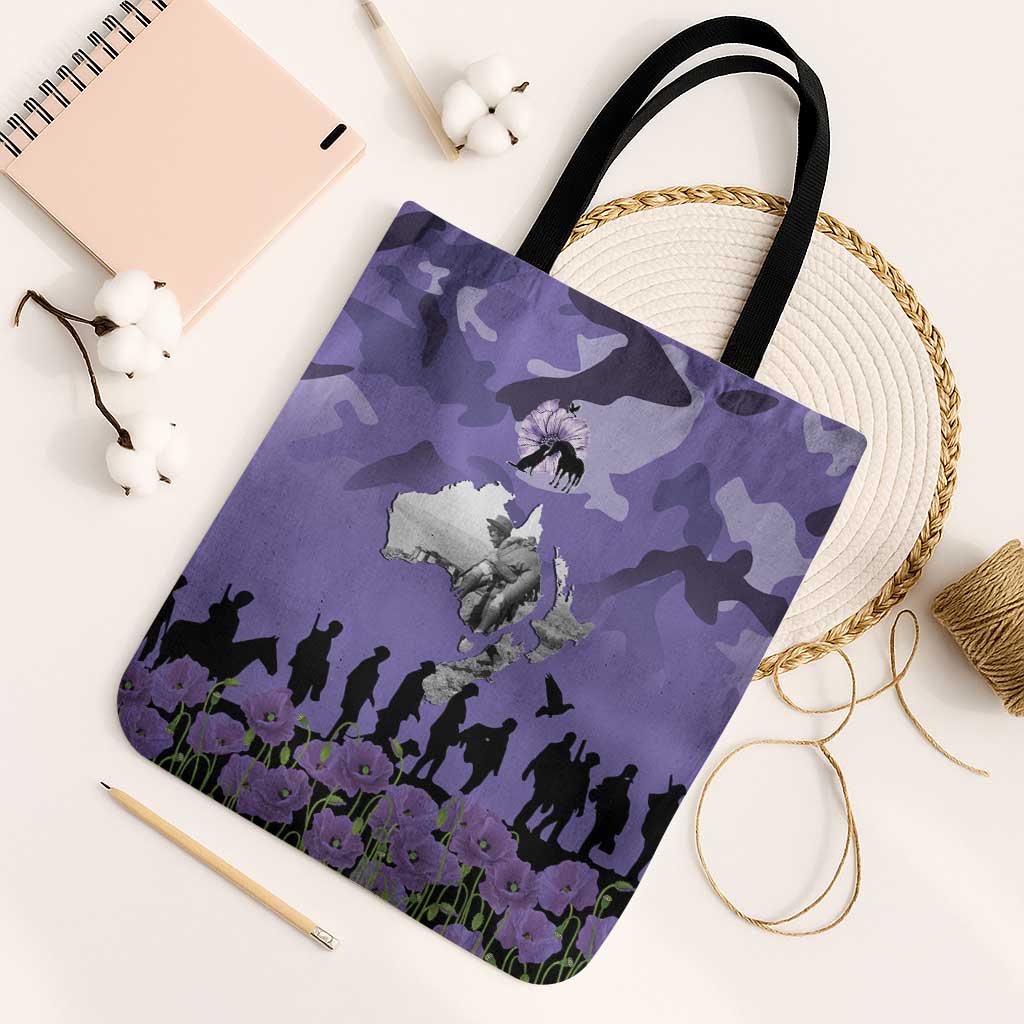 ANZAC Day Tote Bag Lest We Forget the Animals Too LT19 Black Strap One Size Purple - Polynesian Pride