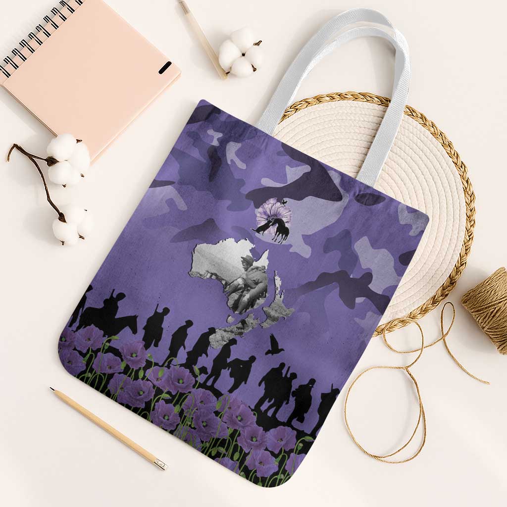 ANZAC Day Tote Bag Lest We Forget the Animals Too LT19 White Strap One Size Purple - Polynesian Pride