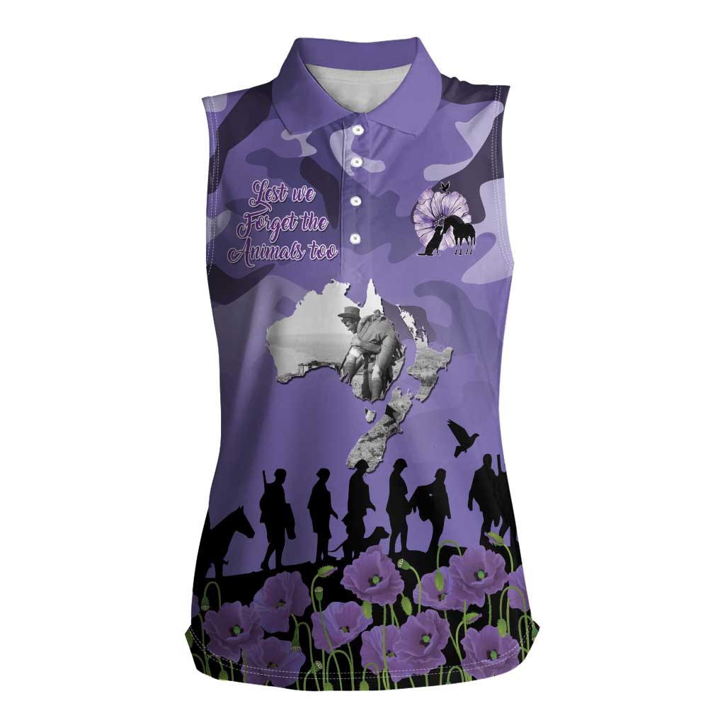 ANZAC Day Women Sleeveless Polo Shirt Lest We Forget the Animals Too LT19 Female Purple - Polynesian Pride
