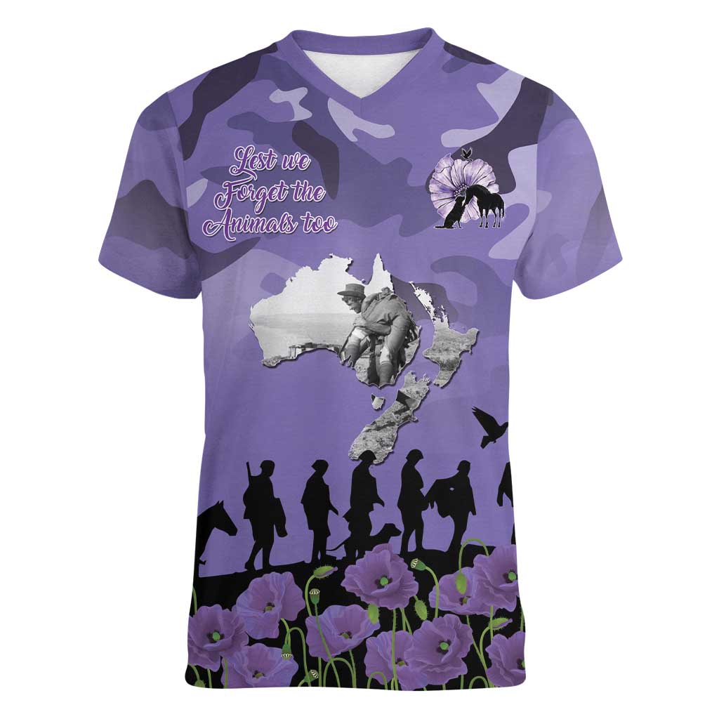 ANZAC Day Women V-Neck T-Shirt Lest We Forget the Animals Too LT19 Female Purple - Polynesian Pride