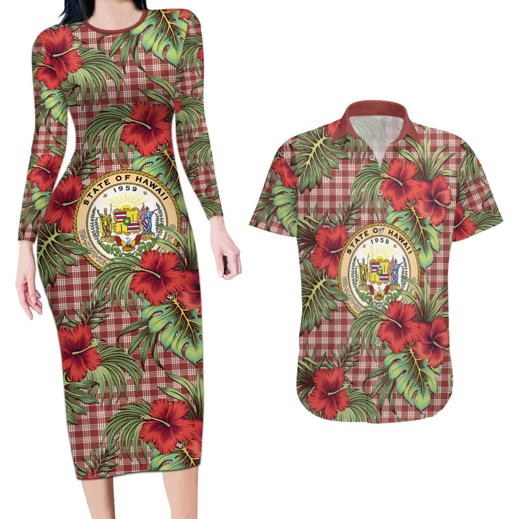 Vintage Hawaii Hibiscus Palaka Couples Matching Long Sleeve Bodycon Dress and Hawaiian Shirt Red Color LT19 Red - Polynesian Pride