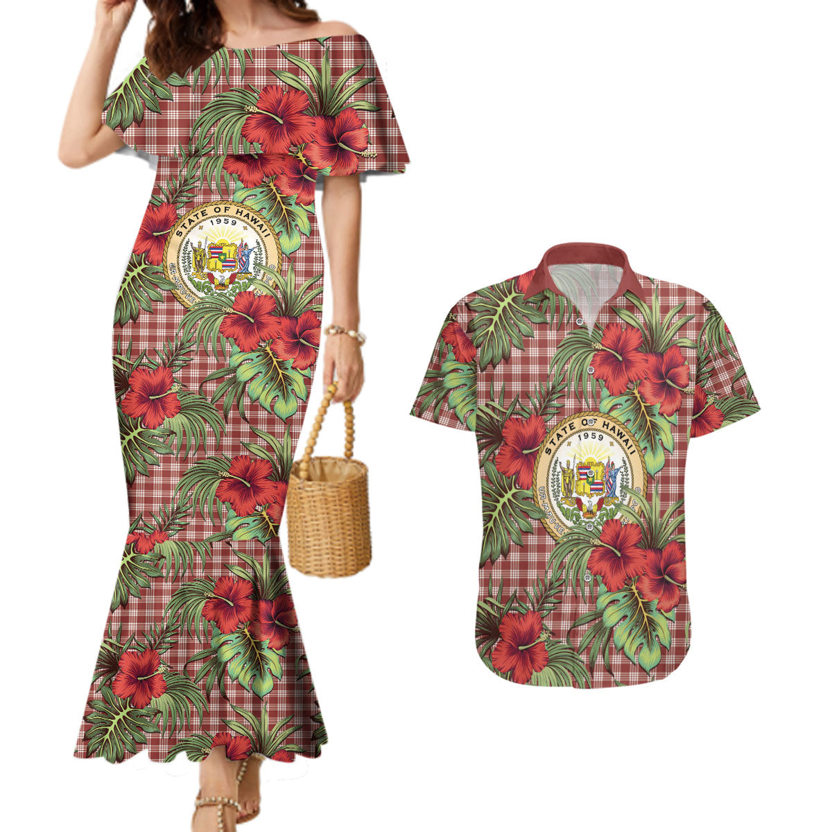 Vintage Hawaii Hibiscus Palaka Couples Matching Mermaid Dress and Hawaiian Shirt Red Color LT19 Red - Polynesian Pride