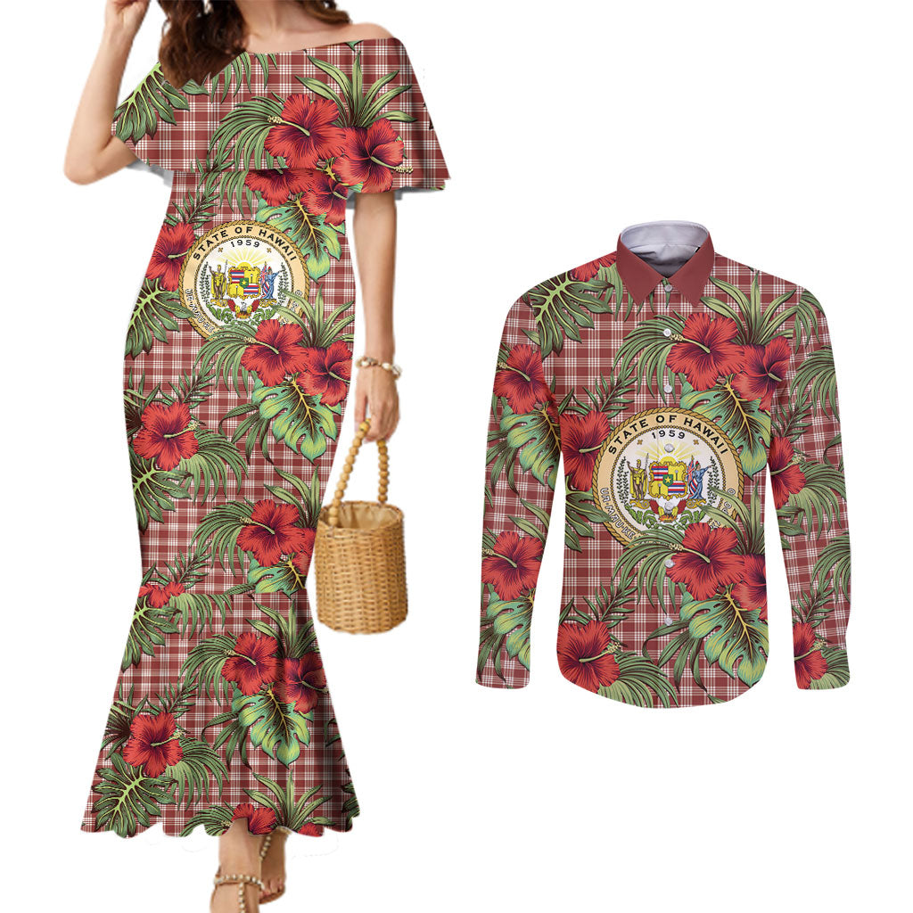 Vintage Hawaii Hibiscus Palaka Couples Matching Mermaid Dress and Long Sleeve Button Shirt Red Color LT19 Red - Polynesian Pride