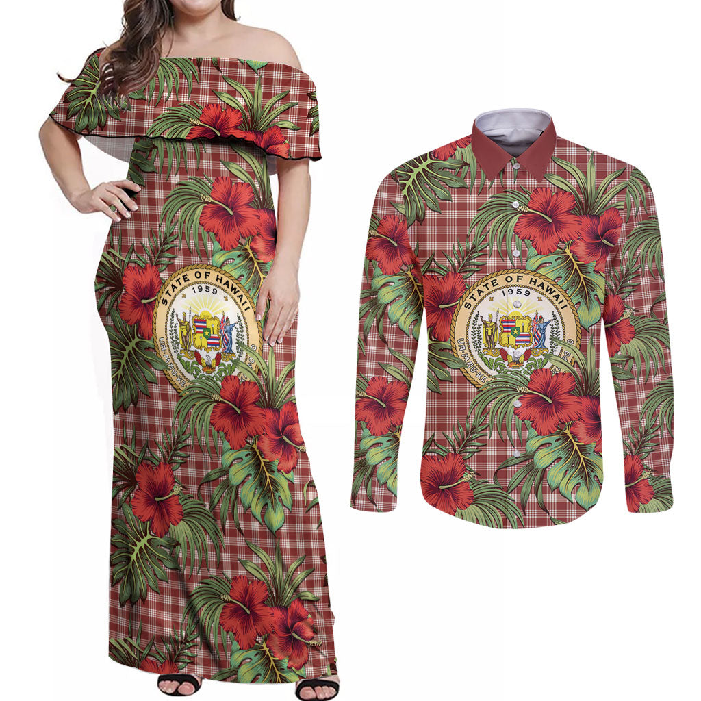 Vintage Hawaii Hibiscus Palaka Couples Matching Off Shoulder Maxi Dress and Long Sleeve Button Shirt Red Color LT19 Red - Polynesian Pride