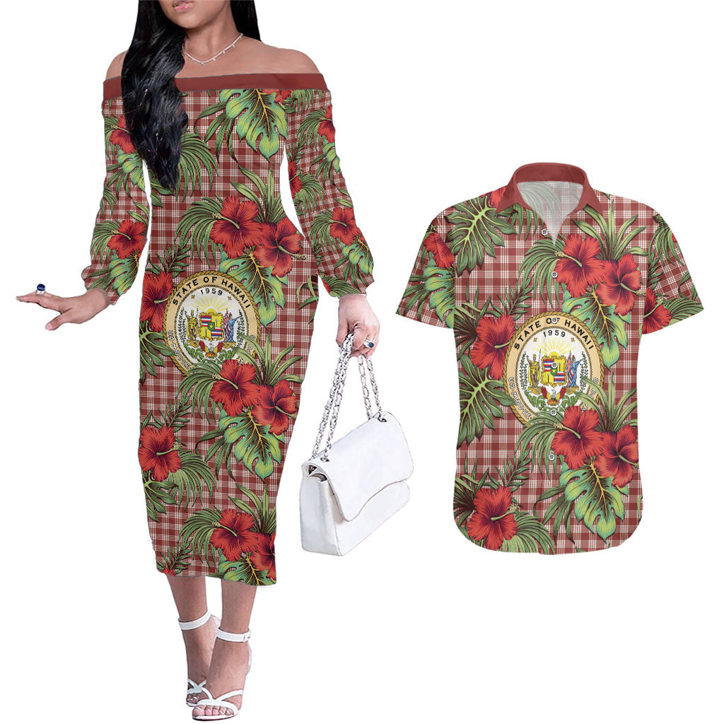Vintage Hawaii Hibiscus Palaka Couples Matching Off The Shoulder Long Sleeve Dress and Hawaiian Shirt Red Color LT19 Red - Polynesian Pride