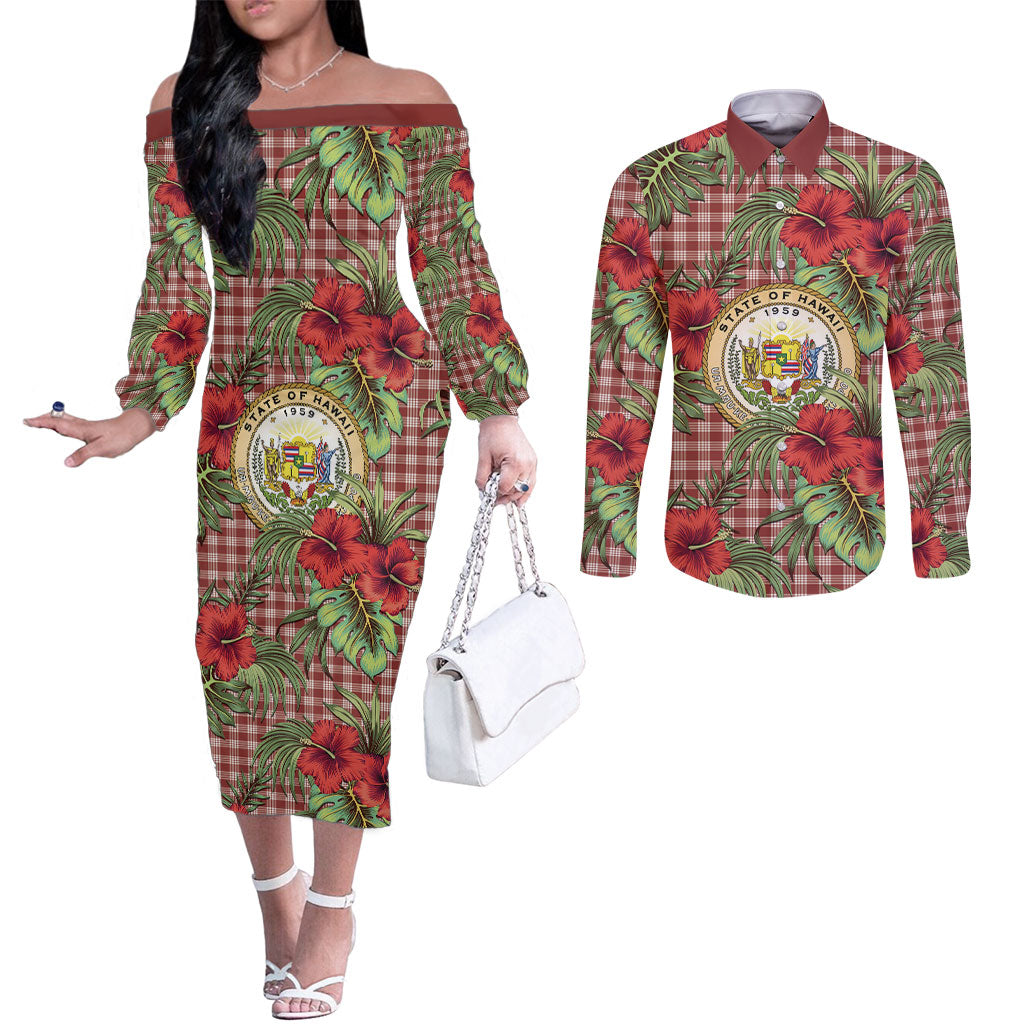 Vintage Hawaii Hibiscus Palaka Couples Matching Off The Shoulder Long Sleeve Dress and Long Sleeve Button Shirt Red Color LT19 Red - Polynesian Pride