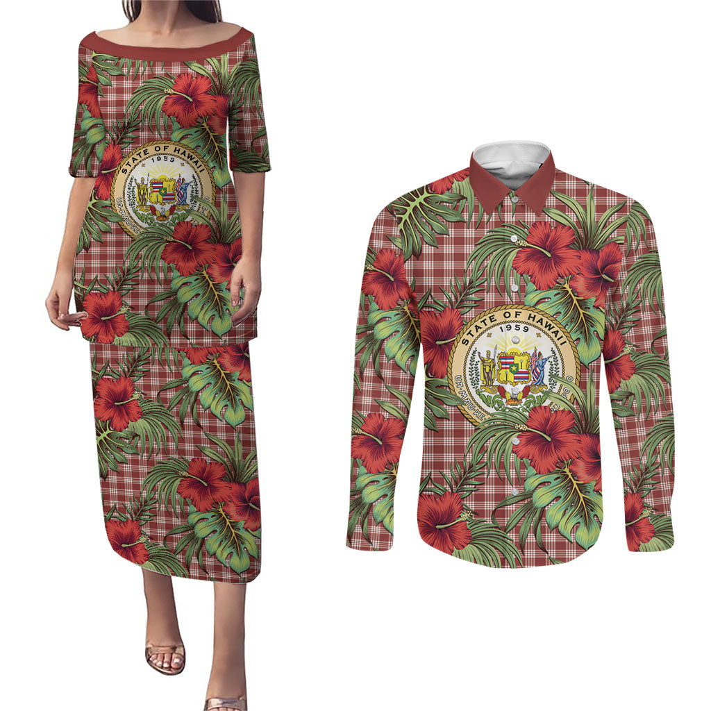 Vintage Hawaii Hibiscus Palaka Couples Matching Puletasi and Long Sleeve Button Shirt Red Color LT19 Red - Polynesian Pride