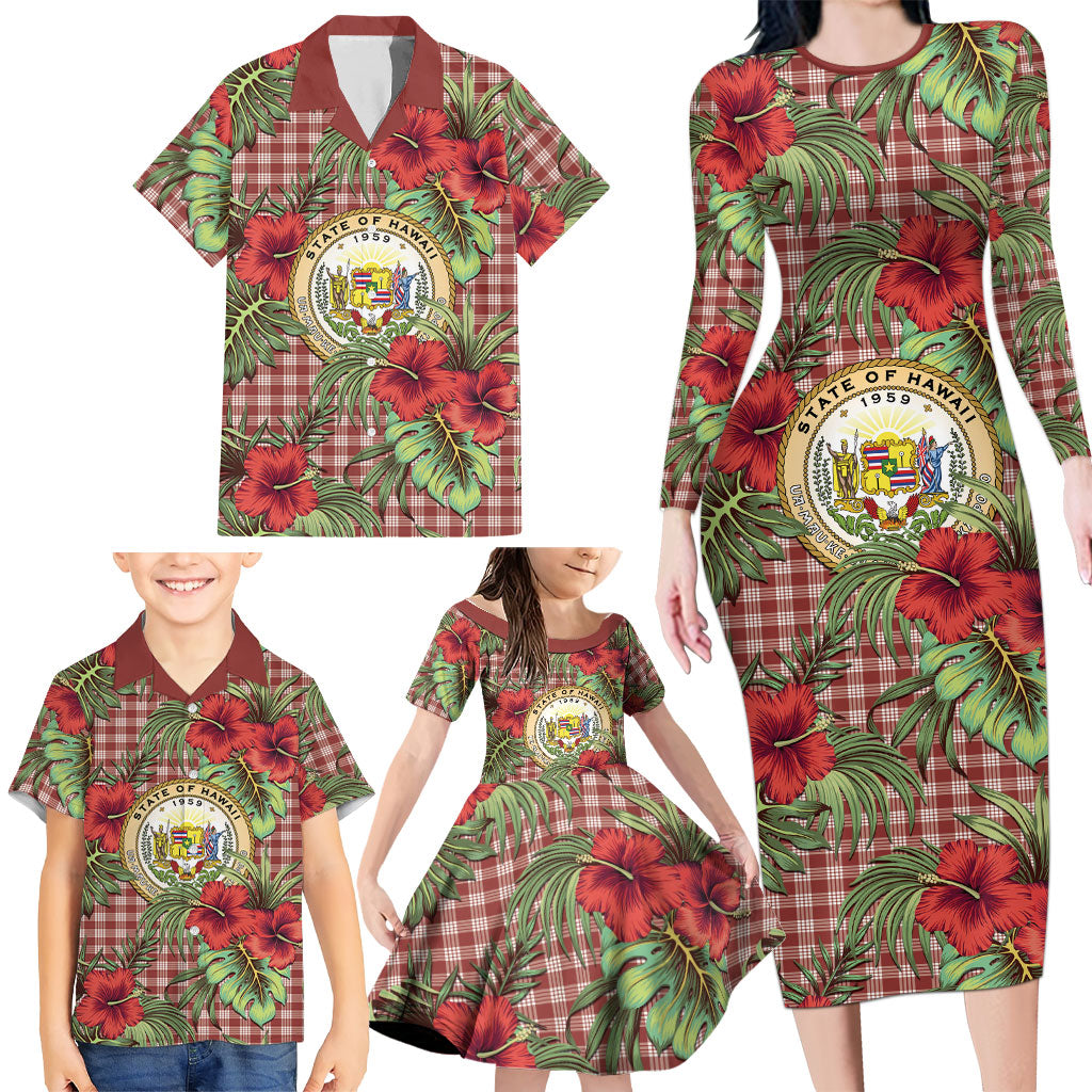Vintage Hawaii Hibiscus Palaka Family Matching Long Sleeve Bodycon Dress and Hawaiian Shirt Red Color LT19 - Polynesian Pride