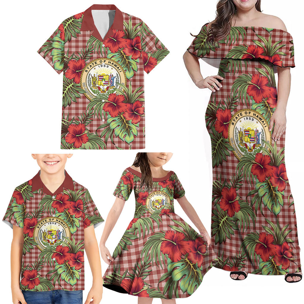 Vintage Hawaii Hibiscus Palaka Family Matching Off Shoulder Maxi Dress and Hawaiian Shirt Red Color LT19 - Polynesian Pride