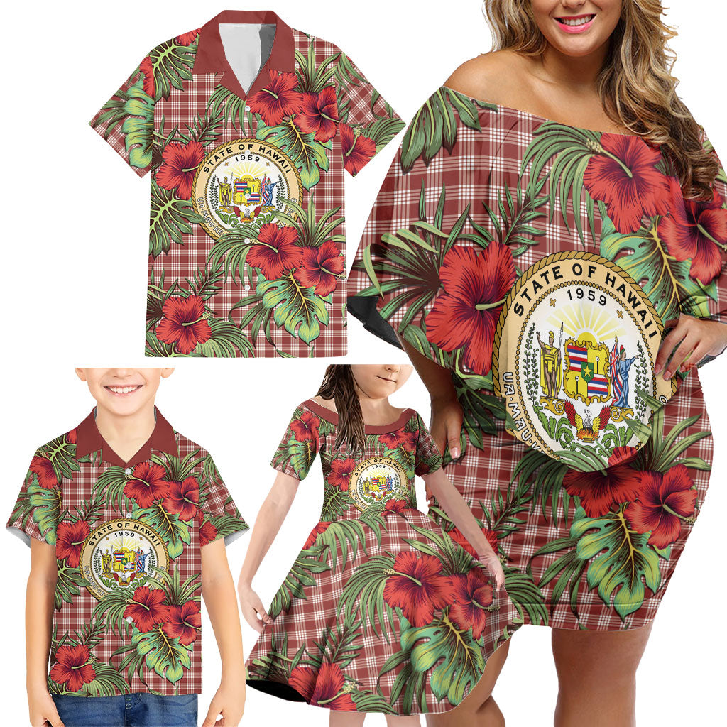 Vintage Hawaii Hibiscus Palaka Family Matching Off Shoulder Short Dress and Hawaiian Shirt Red Color LT19 - Polynesian Pride