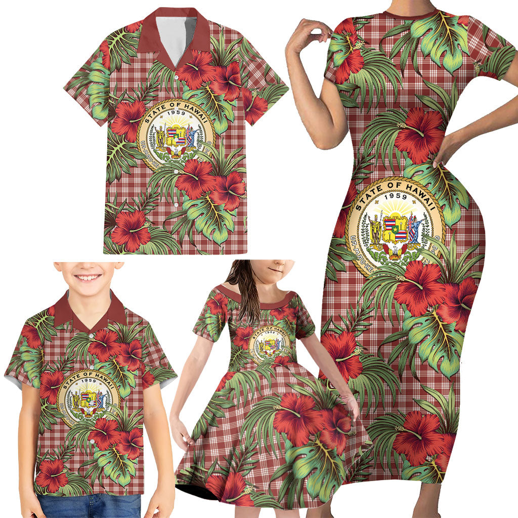 Vintage Hawaii Hibiscus Palaka Family Matching Short Sleeve Bodycon Dress and Hawaiian Shirt Red Color LT19 - Polynesian Pride