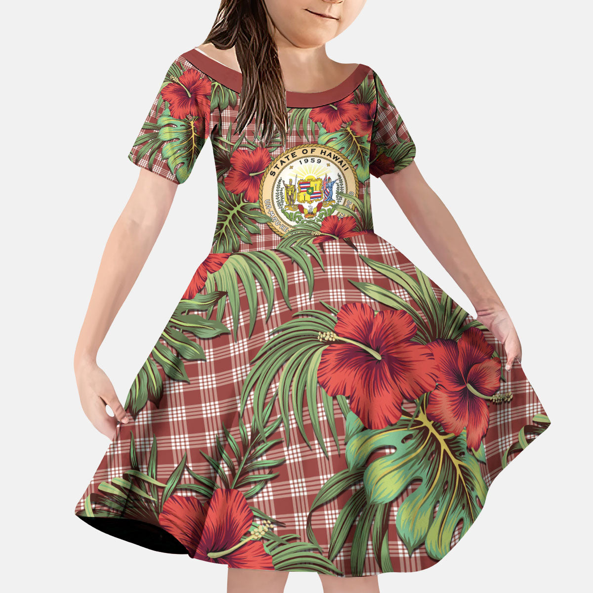 Vintage Hawaii Hibiscus Palaka Kid Short Sleeve Dress Red Color LT19 KID Red - Polynesian Pride