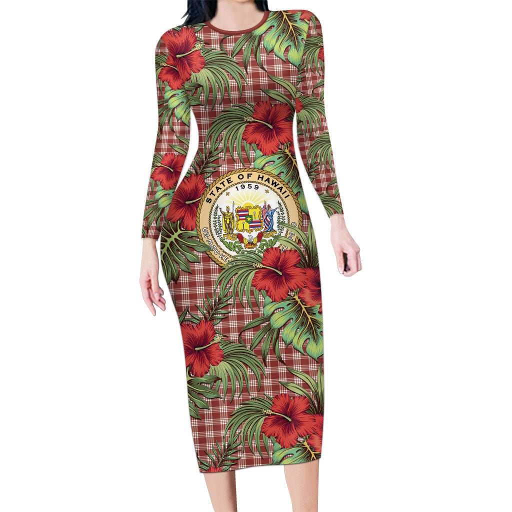 Vintage Hawaii Hibiscus Palaka Long Sleeve Bodycon Dress Red Color LT19 Long Dress Red - Polynesian Pride