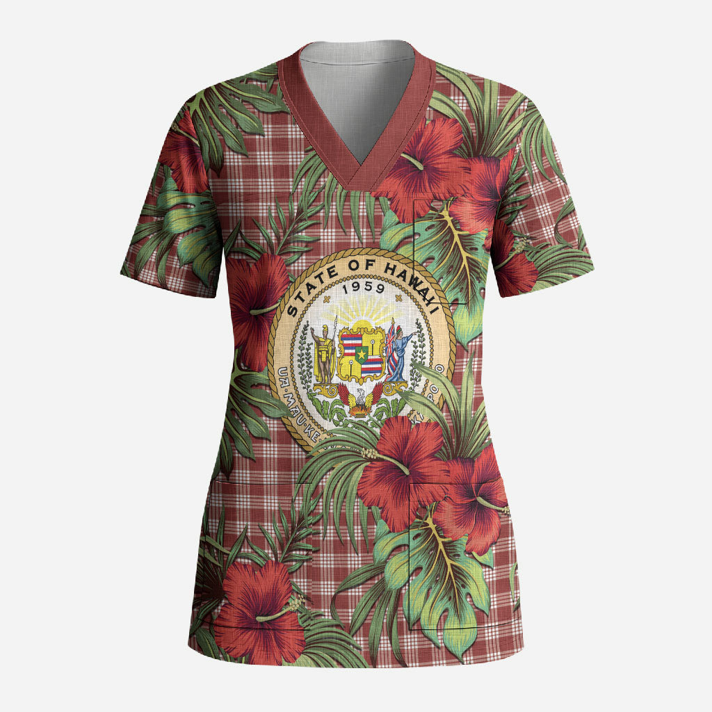 Vintage Hawaii Hibiscus Palaka Scrub Top Red Color LT19 Adult Red - Polynesian Pride