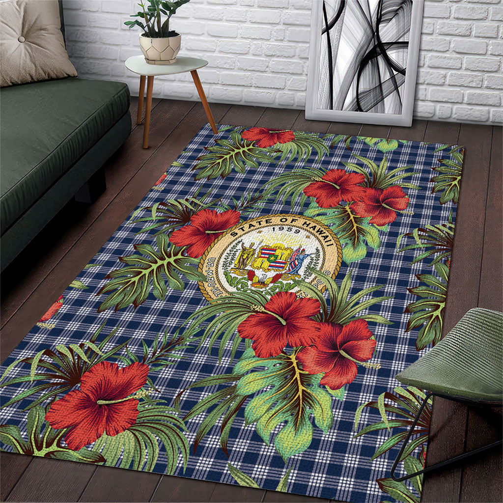 Vintage Hawaii Hibiscus Palaka Area Rug Navy Color