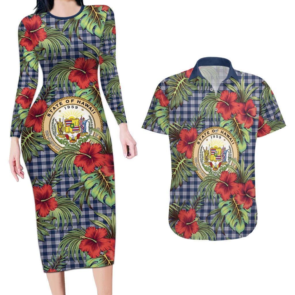 Vintage Hawaii Hibiscus Palaka Couples Matching Long Sleeve Bodycon Dress and Hawaiian Shirt Navy Color LT19 Navy - Polynesian Pride