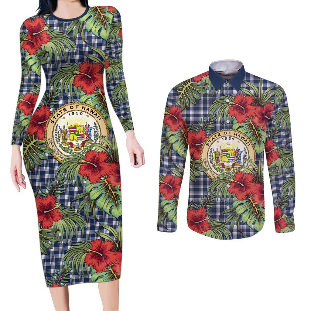 Vintage Hawaii Hibiscus Palaka Couples Matching Long Sleeve Bodycon Dress and Long Sleeve Button Shirt Navy Color LT19 Navy - Polynesian Pride