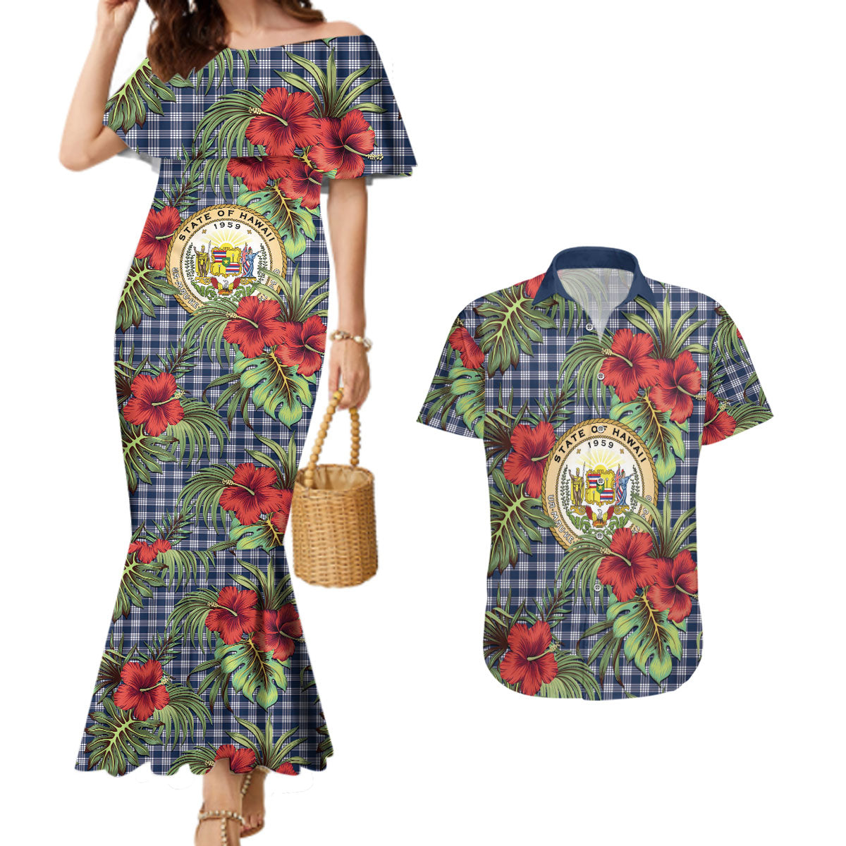 Vintage Hawaii Hibiscus Palaka Couples Matching Mermaid Dress and Hawaiian Shirt Navy Color LT19 Navy - Polynesian Pride
