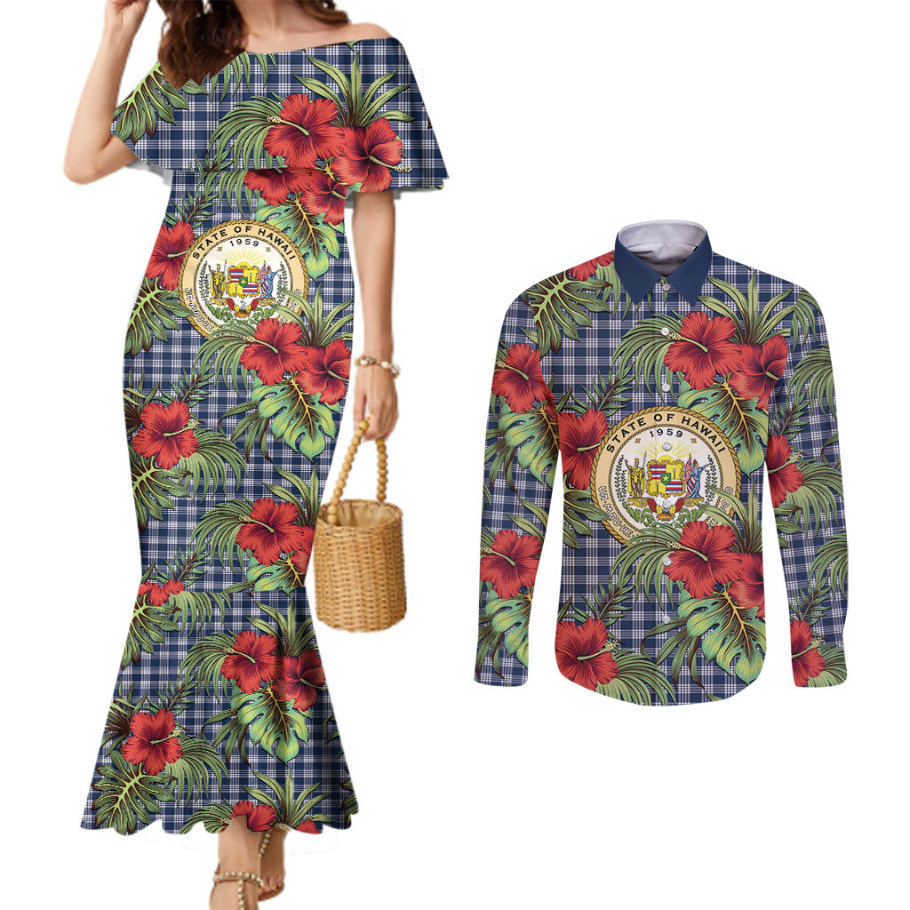 Vintage Hawaii Hibiscus Palaka Couples Matching Mermaid Dress and Long Sleeve Button Shirt Navy Color LT19 Navy - Polynesian Pride