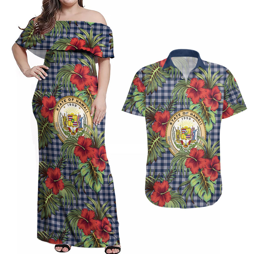 Vintage Hawaii Hibiscus Palaka Couples Matching Off Shoulder Maxi Dress and Hawaiian Shirt Navy Color LT19 Navy - Polynesian Pride