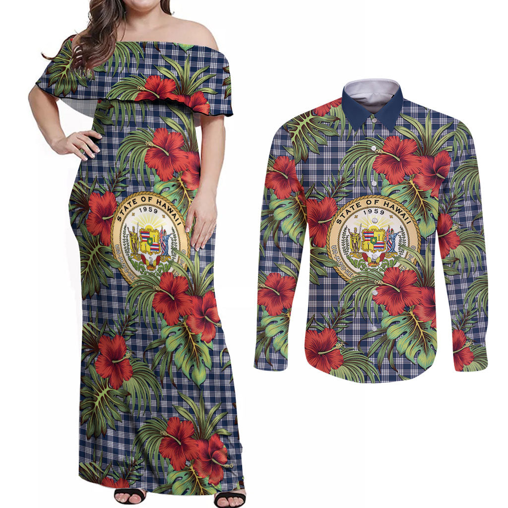 Vintage Hawaii Hibiscus Palaka Couples Matching Off Shoulder Maxi Dress and Long Sleeve Button Shirt Navy Color LT19 Navy - Polynesian Pride