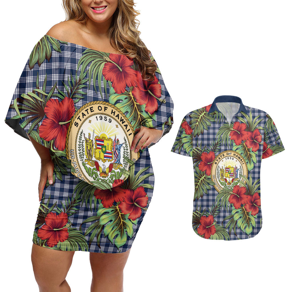 Vintage Hawaii Hibiscus Palaka Couples Matching Off Shoulder Short Dress and Hawaiian Shirt Navy Color LT19 Navy - Polynesian Pride