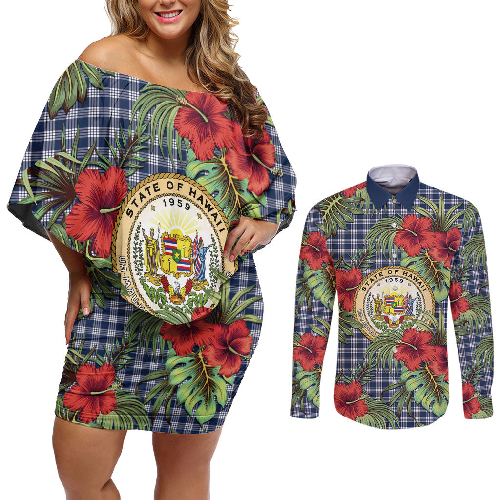 Vintage Hawaii Hibiscus Palaka Couples Matching Off Shoulder Short Dress and Long Sleeve Button Shirt Navy Color LT19 Navy - Polynesian Pride