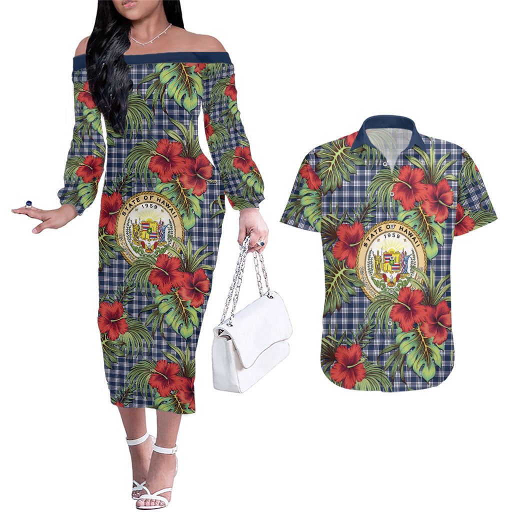 Vintage Hawaii Hibiscus Palaka Couples Matching Off The Shoulder Long Sleeve Dress and Hawaiian Shirt Navy Color LT19 Navy - Polynesian Pride