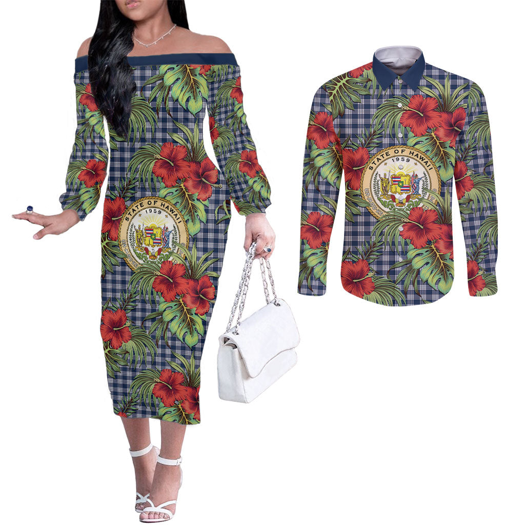 Vintage Hawaii Hibiscus Palaka Couples Matching Off The Shoulder Long Sleeve Dress and Long Sleeve Button Shirt Navy Color LT19 Navy - Polynesian Pride