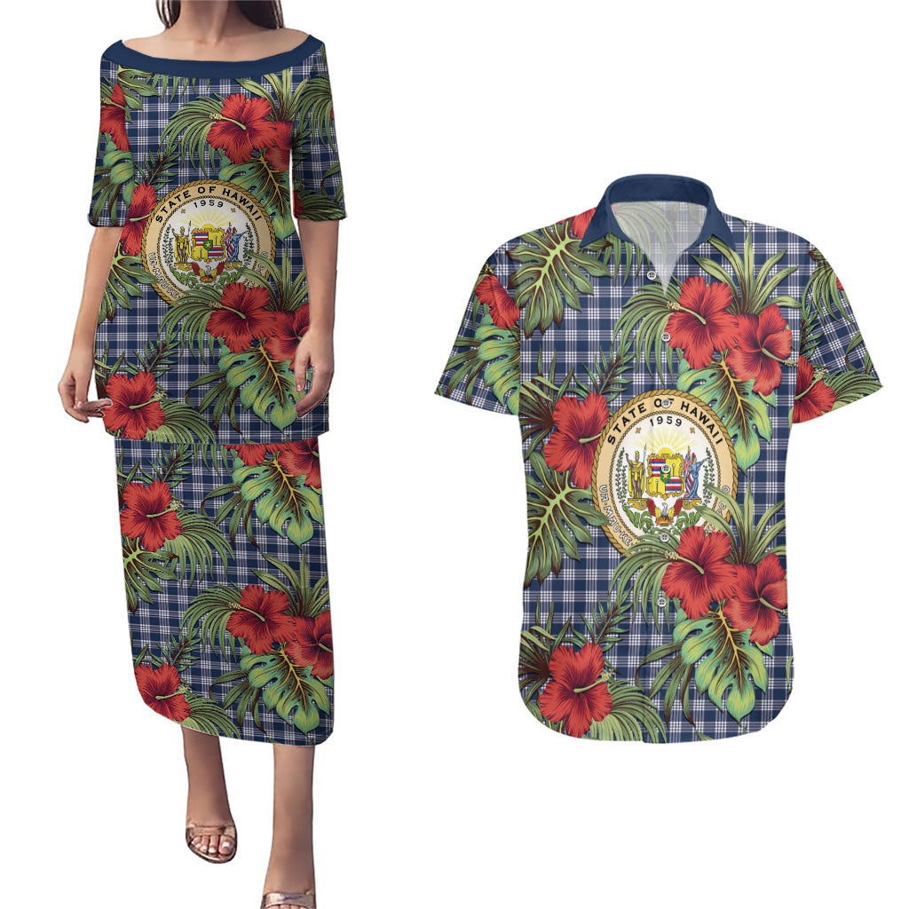 Vintage Hawaii Hibiscus Palaka Couples Matching Puletasi and Hawaiian Shirt Navy Color LT19 Navy - Polynesian Pride