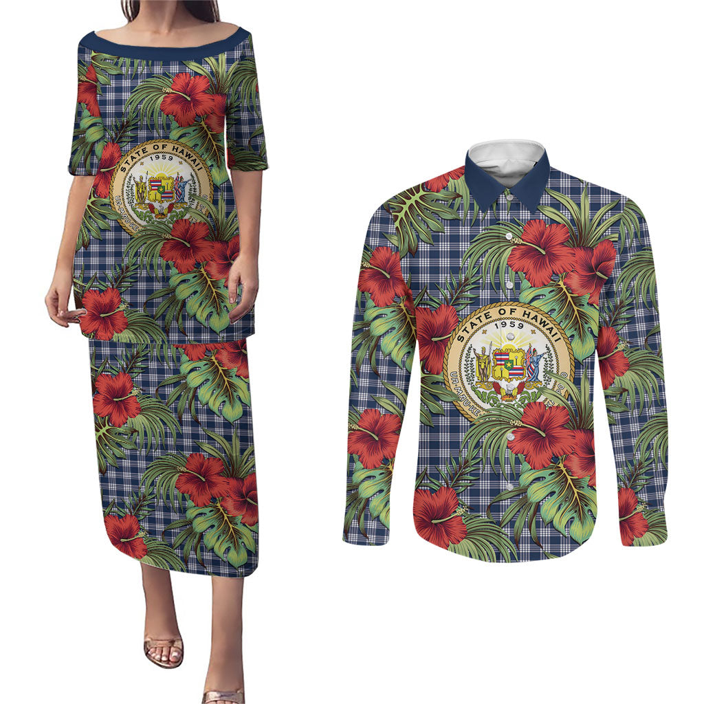 Vintage Hawaii Hibiscus Palaka Couples Matching Puletasi and Long Sleeve Button Shirt Navy Color LT19 Navy - Polynesian Pride