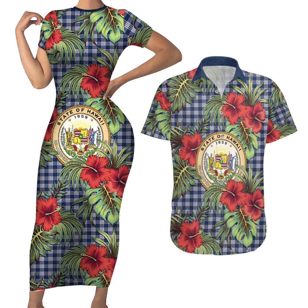 Vintage Hawaii Hibiscus Palaka Couples Matching Short Sleeve Bodycon Dress and Hawaiian Shirt Navy Color LT19 Navy - Polynesian Pride